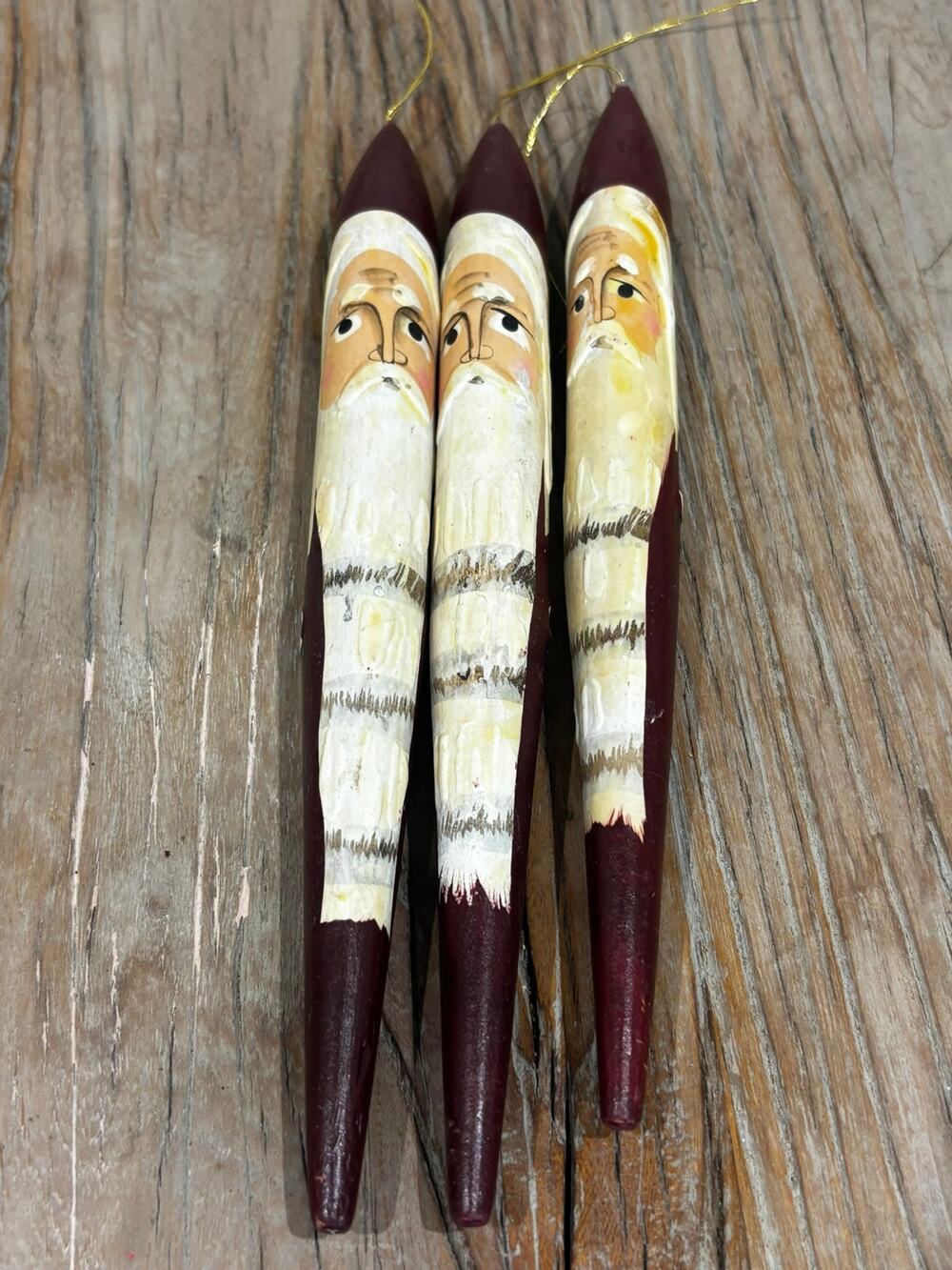 Set of 3 Hand Carved Wooden Santa Claus Christmas Ornaments Folk Art Rustic